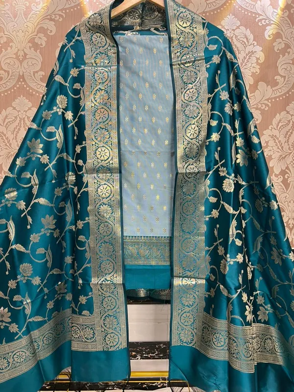 Teal_Blue_Chanderi_Cotton_Lorex_Zari_Booti_Banarasi_Suit_Set_&_Contrast_Powder_Blue_Jaal_Dupatta_1050ASG_CCL1