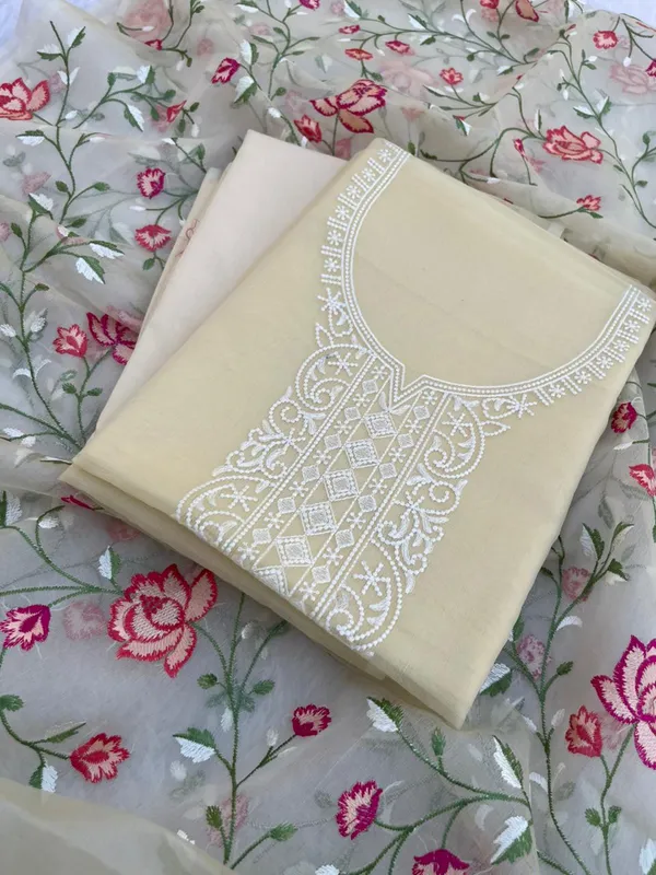 Lemon_Yellow_Organza_Embroidery_Necklace_Banarasi_Suit_Skl_NC2