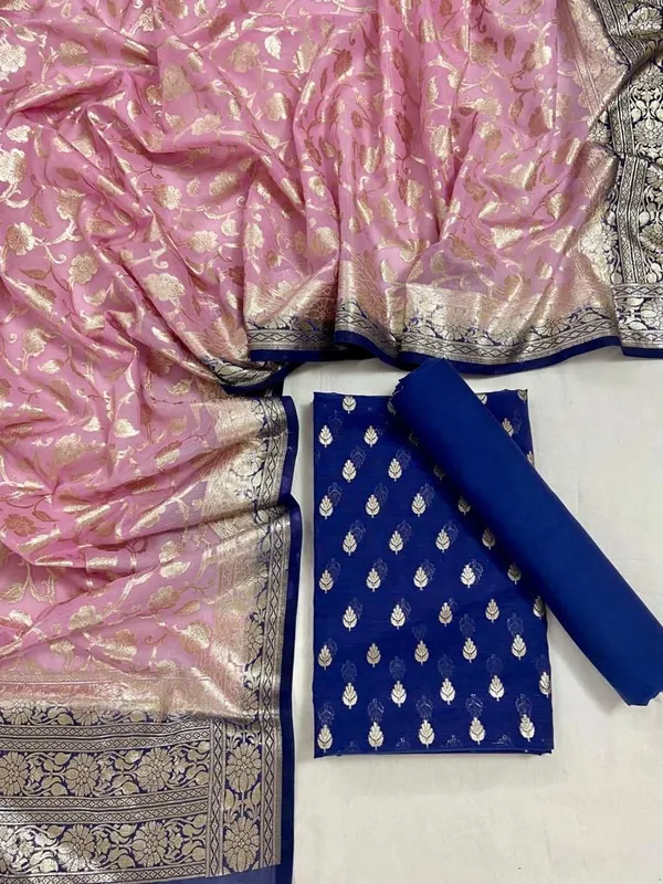 Blue_Mercerised_Lorex_Weave_With_Contrast_Dupatta_Banarasi_3_Pcs_Suit_Set_Skl_Pm20