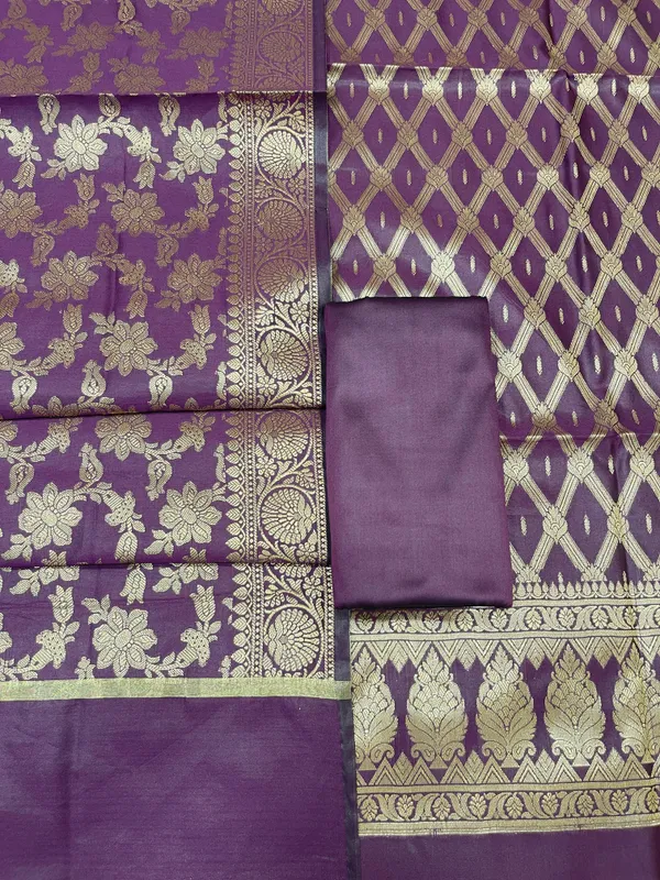 Humairah_Wine_Art_Silk_Diagonal_Zari_Zig-Zag_Stripe_3_pcs_Suit_set_with_Plain_Bottom_and_Tilfi_Floral_Zari_Diagonal_Wine_Dupatta