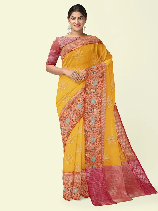 Yellow_Cotton_Blend_Banarasi_Sarees_For_Women_GEHKR_2