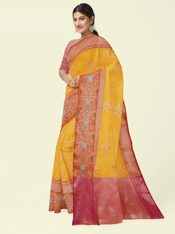 Yellow_Cotton_Blend_Banarasi_Sarees_For_Women_GEHKR_2