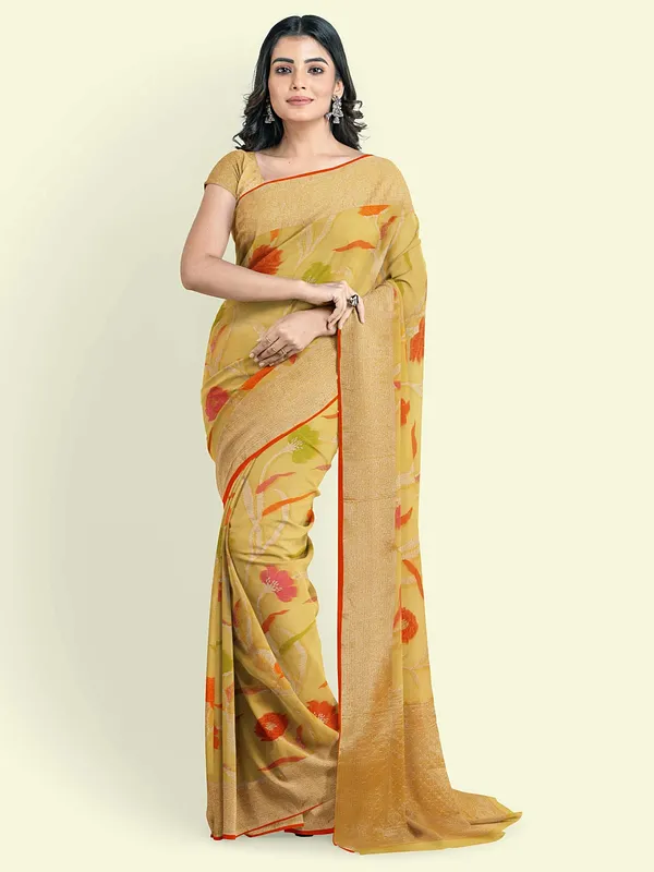 Yellow_Cotton_Blend_Banarasi_Sarees_For_Women_GEASF_763