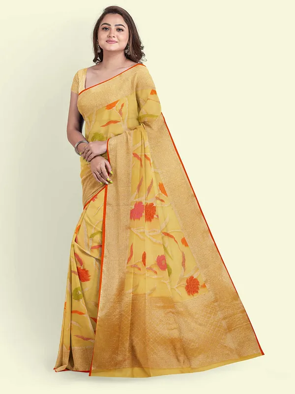 Yellow_Cotton_Blend_Banarasi_Sarees_For_Women_GEASF_763