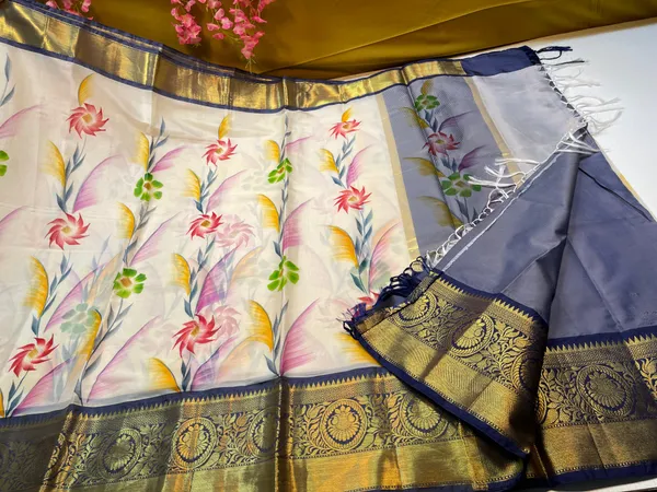 Beige_Mulberry_Silk_Handpainted_Floral_Boota_Jaal_Contrast_Navy_Blue_Border_MS_ML3