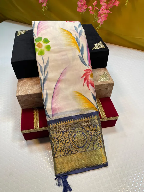 Beige_Mulberry_Silk_Handpainted_Floral_Boota_Jaal_Contrast_Navy_Blue_Border_MS_ML3