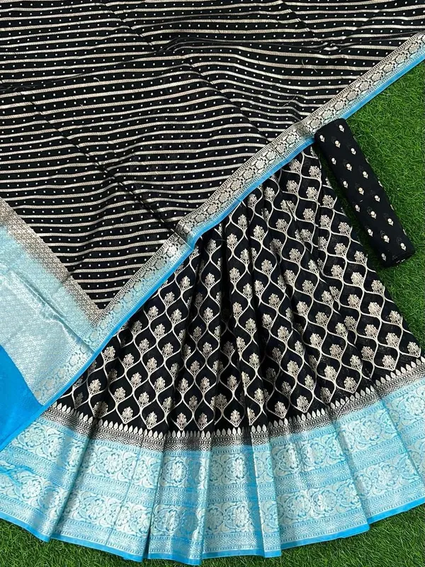 Jet_Black_Chanderi_Lehenga_Set_With_Leheriya_Sky_Blue_Border_Dupatta_250PNJ_LNG24