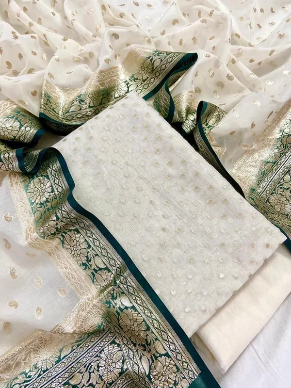 Offwhite_Pure_Mercerised_Lorex_weave_Contrast_Green_Dupatta_Banarasi_suit_1200SKL_PM23