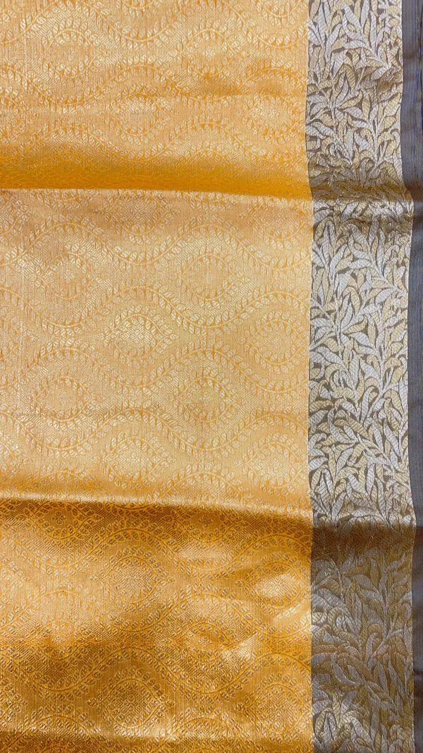 Humairah_Presents_Mustard_Art_Silk_Floral_Lehariya_Sliver_Jaal_with_Contrast_Blue_Pallu_and_Olive_Copper_Silver_Jaal_Zari_Border_with_Blue_Blouse