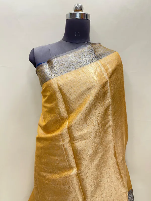 Humairah_Presents_Mustard_Art_Silk_Floral_Lehariya_Sliver_Jaal_with_Contrast_Blue_Pallu_and_Olive_Copper_Silver_Jaal_Zari_Border_with_Blue_Blouse