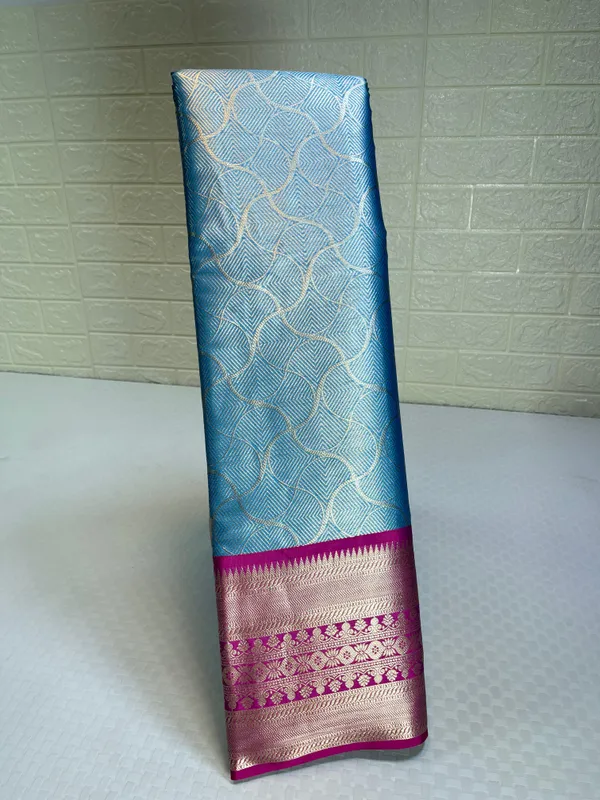 Sky_Blue_Semi_Kanchi_Silk_Silver_Floral_Jaal_Contrast_Pink_Border_Banarasi_Saree_MS_SK32
