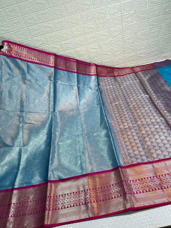 Sky_Blue_Semi_Kanchi_Silk_Silver_Floral_Jaal_Contrast_Pink_Border_Banarasi_Saree_MS_SK32
