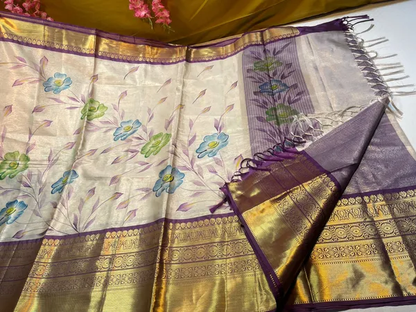 Moosee_Tissue_Silk_Floral_Handpainted_Jaal_Boota_Contrast_Dark_Purple_Border_Banarasi_Saree_MS_MTS9