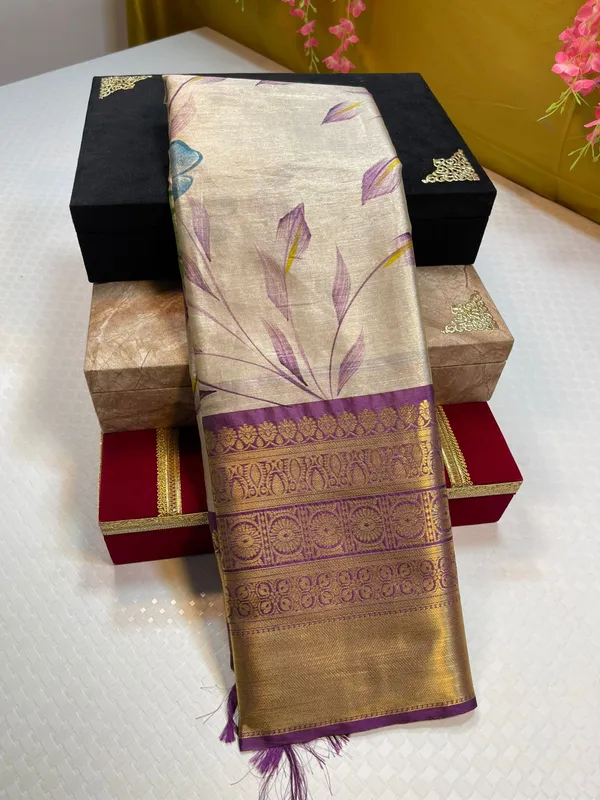 Moosee_Tissue_Silk_Floral_Handpainted_Jaal_Boota_Contrast_Dark_Purple_Border_Banarasi_Saree_MS_MTS9