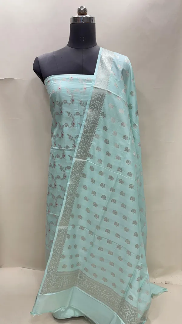 Humairah_Seagreen_Katan_Chiniya_Silk_Floral_Silver_Zari_Mina_Jaal_3_pcs_Suit_set_with_Plain_Bottom_and_Floral_Zari_Booti_Seagreen_Dupatta