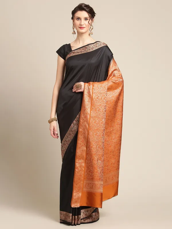 Humairah_Handwoven_Black_Valkalam_Katan_Silk_Plain_Resham_Border_With_Mustard_Blouse_Banarasi_Saree