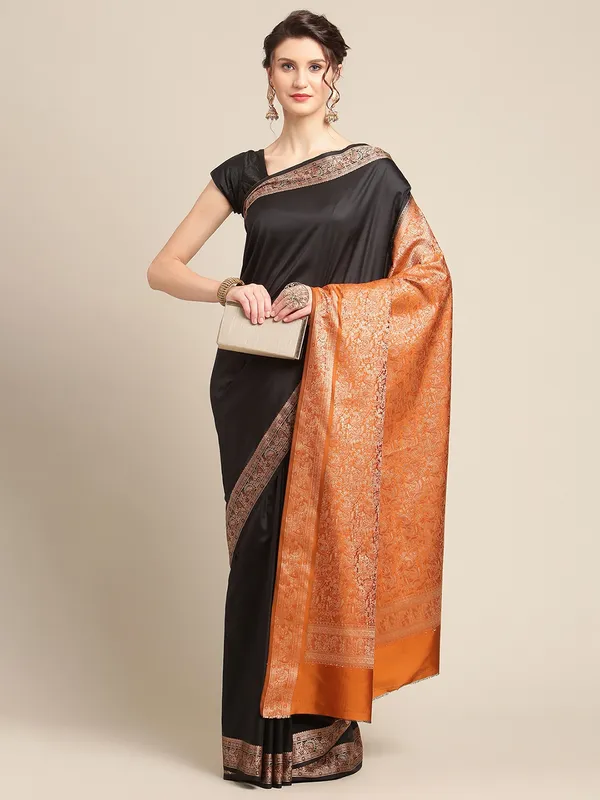 Humairah_Handwoven_Black_Valkalam_Katan_Silk_Plain_Resham_Border_With_Mustard_Blouse_Banarasi_Saree