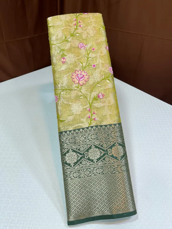 Light_Gold_Tissue_Silk_Floral_Embroidery_Reham_Jaal_with_Dark_Green_Border_Banarasi_Saree_MS_TS33