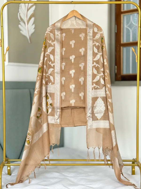 Light_Brown_Pure_Mercerised_Kota_Check_Banarasi_Suit_with_Resham_Weave_Hand-Brush_Dupatta_1250SKL_PMK2