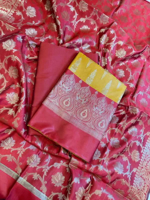 Mustard_Yellow_Art_Silk_Floral_Zari_Booti_Contrast_Banarasi_Suit_with_Red_Dupatta_625AJ_TPT28