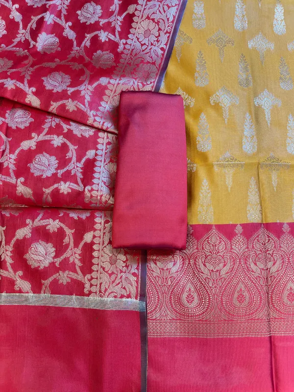Mustard_Yellow_Art_Silk_Floral_Zari_Booti_Contrast_Banarasi_Suit_with_Red_Dupatta_625AJ_TPT28