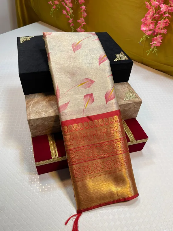 Moosee_Tissue_Silk_Floral_Handpainted_Jaal_Boota_Contrast_Red_Border_Banarasi_Saree_MS_MTS3