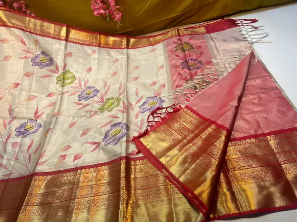 Moosee_Tissue_Silk_Floral_Handpainted_Jaal_Boota_Contrast_Red_Border_Banarasi_Saree_MS_MTS3