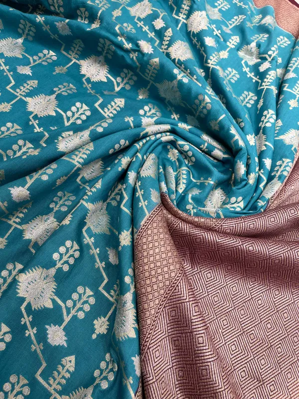 Humairah_Presents_Sea_Green_Tussar_Silk_Floral_Silver_Minakari_Stripe_Jaal_with_Contrast_Brown_Banarasi_Pallu_Zari_Border_and_Brown_Blouse