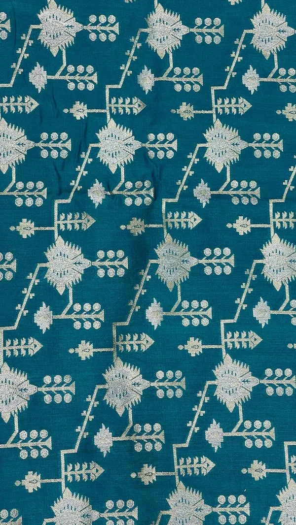 Humairah_Presents_Sea_Green_Tussar_Silk_Floral_Silver_Minakari_Stripe_Jaal_with_Contrast_Brown_Banarasi_Pallu_Zari_Border_and_Brown_Blouse