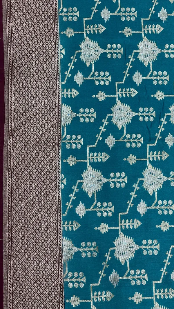 Humairah_Presents_Sea_Green_Tussar_Silk_Floral_Silver_Minakari_Stripe_Jaal_with_Contrast_Brown_Banarasi_Pallu_Zari_Border_and_Brown_Blouse