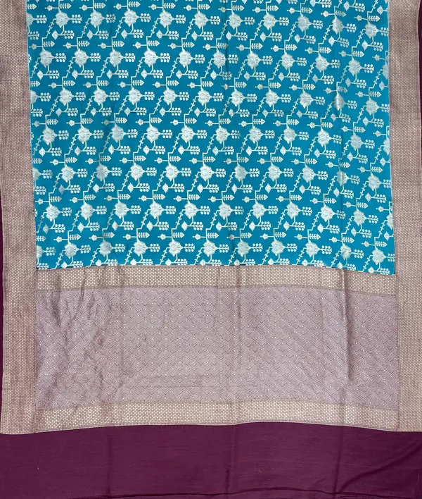 Humairah_Presents_Sea_Green_Tussar_Silk_Floral_Silver_Minakari_Stripe_Jaal_with_Contrast_Brown_Banarasi_Pallu_Zari_Border_and_Brown_Blouse
