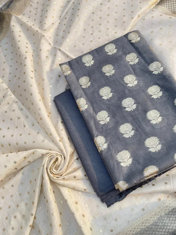 Grey_Mercerised_Lorex_Weave_Booti_With_Off-White_Dupatta_Banarasi_3_Pcs_Suit_Set_Skl_Pml5