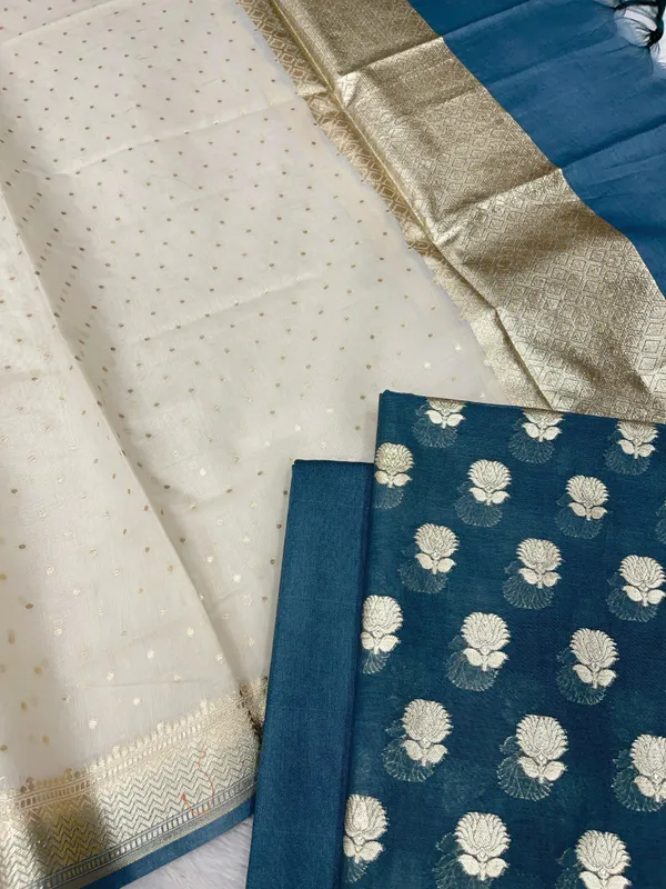 Grey_Mercerised_Lorex_Weave_Booti_With_Off-White_Dupatta_Banarasi_3_Pcs_Suit_Set_Skl_Pml5