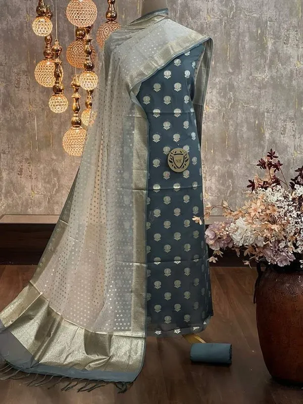 Grey_Mercerised_Lorex_Weave_Booti_With_Off-White_Dupatta_Banarasi_3_Pcs_Suit_Set_Skl_Pml5