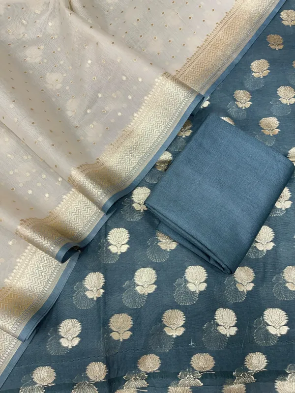 Grey_Mercerised_Lorex_Weave_Booti_With_Off-White_Dupatta_Banarasi_3_Pcs_Suit_Set_Skl_Pml5