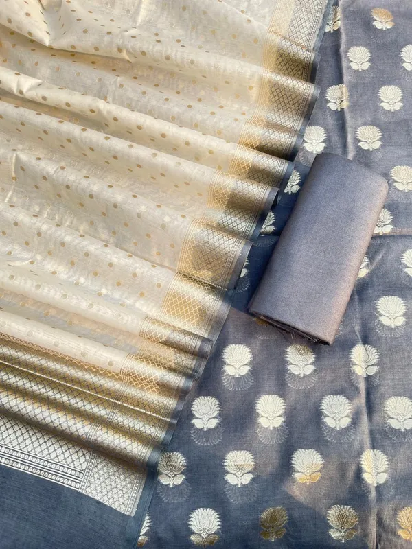 Grey_Mercerised_Lorex_Weave_Booti_With_Off-White_Dupatta_Banarasi_3_Pcs_Suit_Set_Skl_Pml5