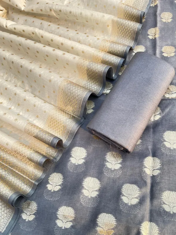 Grey_Mercerised_Lorex_Weave_Booti_With_Off-White_Dupatta_Banarasi_3_Pcs_Suit_Set_Skl_Pml5