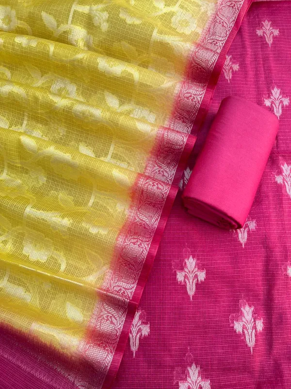 Magenta_Pure_Mercerised_Kota_Check_Resham_weave_Banarasi_Suit_with_Contrast_Yellow_Resham_Jaal_Dupatta_12SKL_KC16