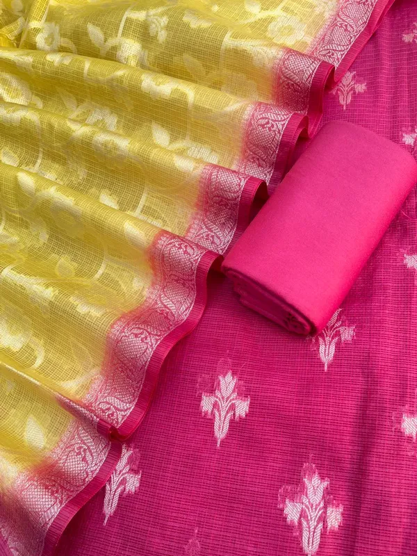 Magenta_Pure_Mercerised_Kota_Check_Resham_weave_Banarasi_Suit_with_Contrast_Yellow_Resham_Jaal_Dupatta_12SKL_KC16