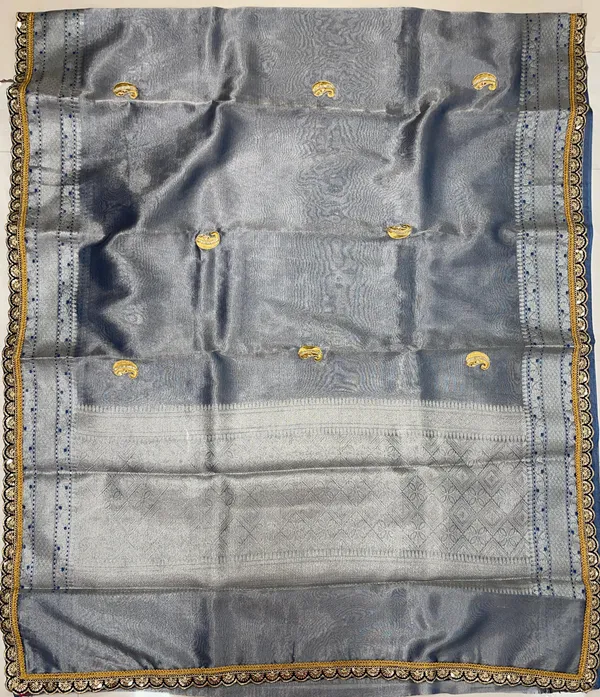 Humairah_Presents_Blue_Lace_Work_Zardozi_Pattern_Patch_work_Saree_with_Jacquard_Blouse