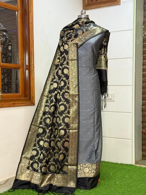 Grey_Katan_Silk_Chunri_Zari_Booti_Contrast_Border_Banarasi_Suit_with_Black_Zari_Jaal_Dupatta_800SKL_KSP21