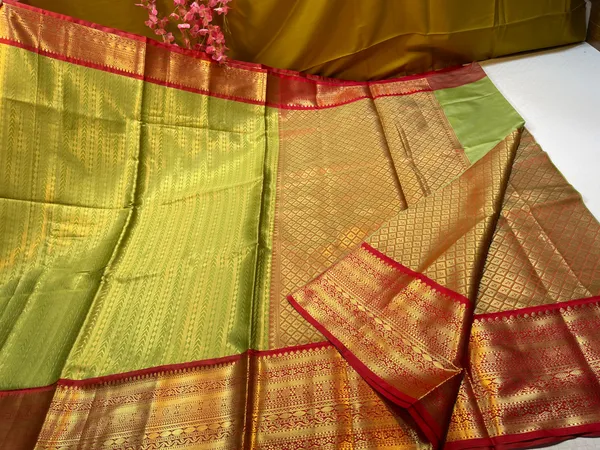 Green_Semi_Kanchi_Silk_Stripe_Zari_Contrast_Red_Border_Banarasi_Saree_MS_SK53