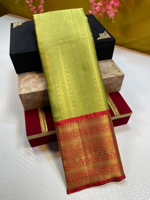 Green_Semi_Kanchi_Silk_Stripe_Zari_Contrast_Red_Border_Banarasi_Saree_MS_SK53