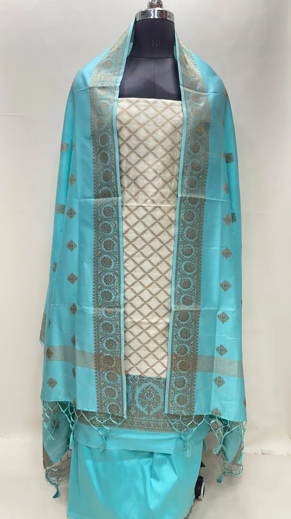 Humairah_Presents_Off_white_Semi_Katan_Silk_Checkered_Striped_3_pcs_Suit_Set_with_Contrast_Seagreen_Plain_Bottom_and_Floral_Zari_Booti_Seagreen_Dupatta_ASD_129