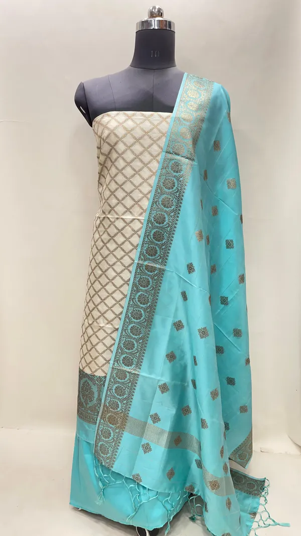 Humairah_Presents_Off_white_Semi_Katan_Silk_Checkered_Striped_3_pcs_Suit_Set_with_Contrast_Seagreen_Plain_Bottom_and_Floral_Zari_Booti_Seagreen_Dupatta_ASD_129
