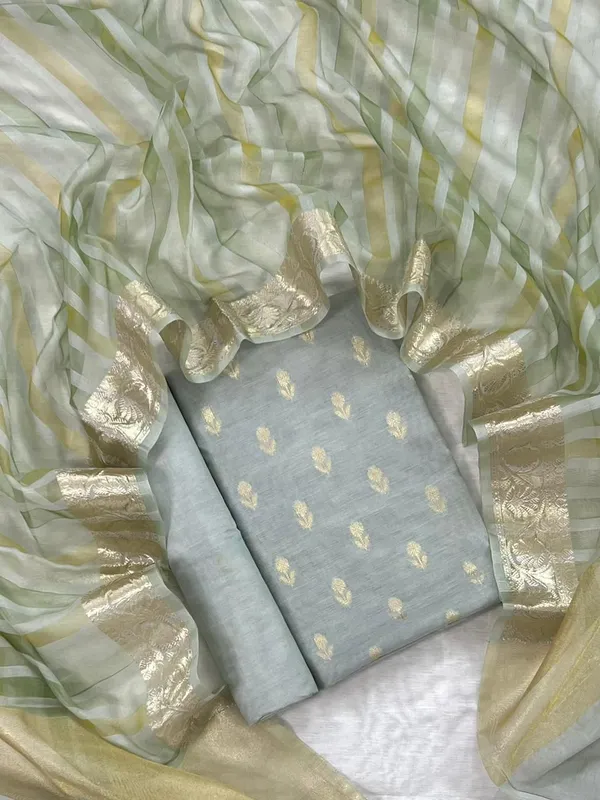 Grey_Chanderi_Floral_Zari_Booti_With_Handbrush_Stripe_Dupatta_Banarasi_3Pcs_Suit_Set_Skl_Cs3