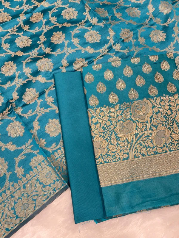 Humairah_Dark_Seagreen_Art_Silk_Floral_Zari_Boota_Skirt_Border_3_pcs_Suit_set_with_Plain_Bottom_and_Tilfi_Floral_Zari_Jaal_Dark_Seagreen_Dupatta