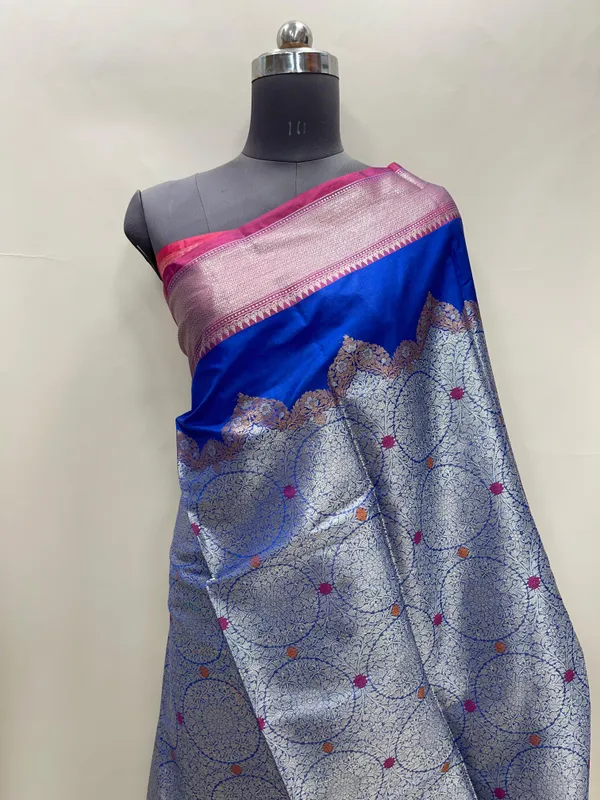Humairah_Presents_Royal_Blue_Art_Silk_Silver_Zari_Geometrical_Mina_Booti_with_Contrast_Magenta_Pallu_Banarasi_Zari_Border_and_Magenta_Blouse