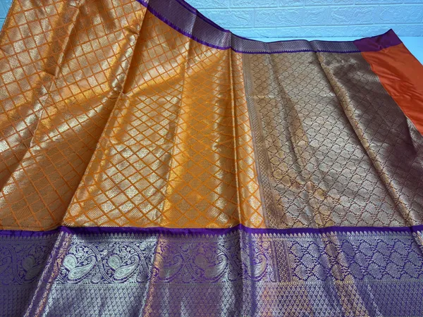 Orange_Semi_Kanchi_Silk_Barfi_Cut_Contrast_Blue_Zari_Border_Banarasi_Saree_MS_SK35