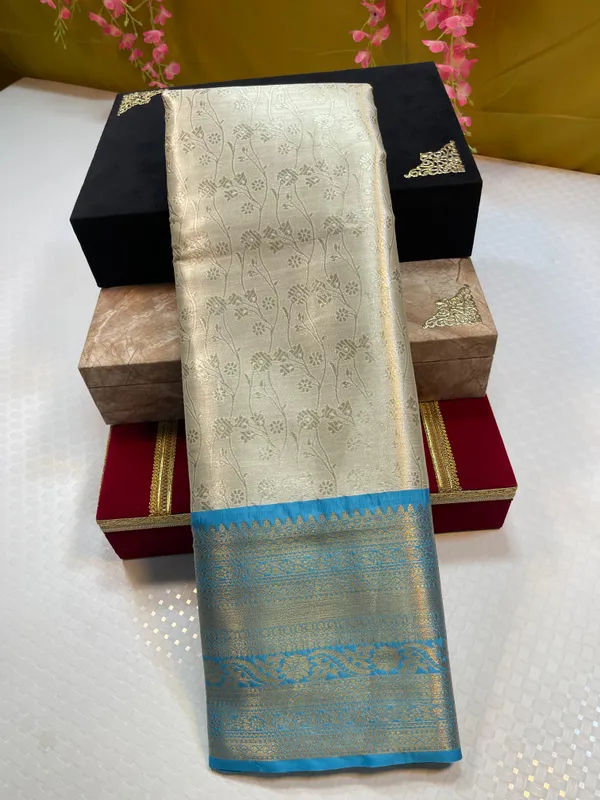Beige_Kanjeevaram_Soft_Silk_Floral_Jaal_Contrast_Blue_Border_Banarasi_Saree_MS_KS2